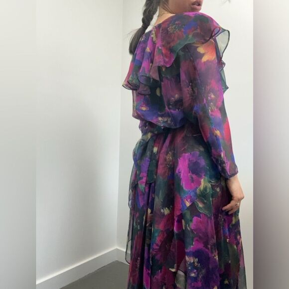 Carol Anderson 70's/80's Floral Tiered Chiffon 2 Piece Maxi Dress & Jacket Set S - Picture 7 of 16
